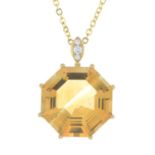 An 18ct gold citrine and brilliant-cut diamond pendant,