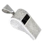 A pave-set diamond whistle pendant.Two diamonds deficient.Estimated total diamond weight 7 to