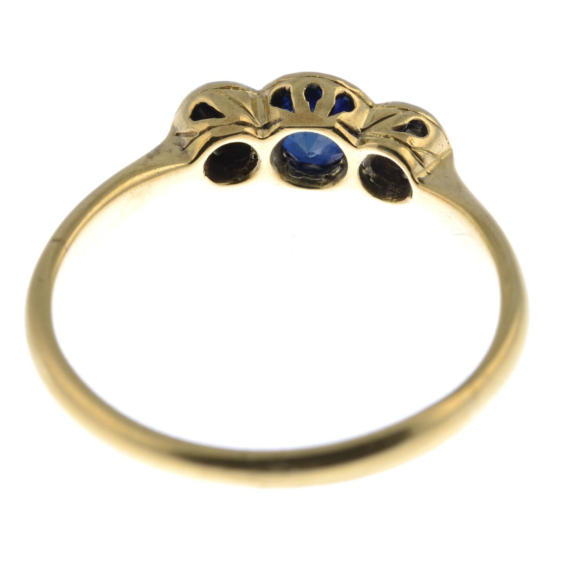 An early 20th century 18ct gold sapphire and circular-cut diamond three-stone ring.Estimated total - Image 3 of 3