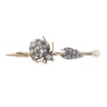 A late Victorian silver and gold, diamond spider and fly bar brooch, with pearl terminal.