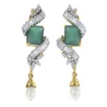 A pair of vari-cut diamond and gem-set drop earrings.Gems include chalcedony and cultured