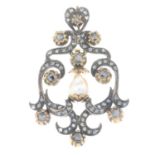 A late 19th century silver and gold rose-cut diamond and pearl pendant.Pearl measuring