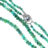An emerald two-row necklace, with cultured pearl and vari-cut diamond clasp.Length 43cms.