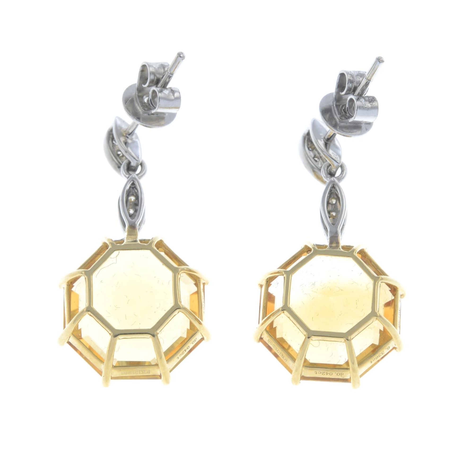 A pair of 18ct gold citrine and brilliant-cut diamond earrings.Total citrine weight 6.33cts, - Image 2 of 2