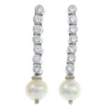 A pair of natural saltwater pearl and brilliant-cut diamond earrings.With report 273116/20049419,