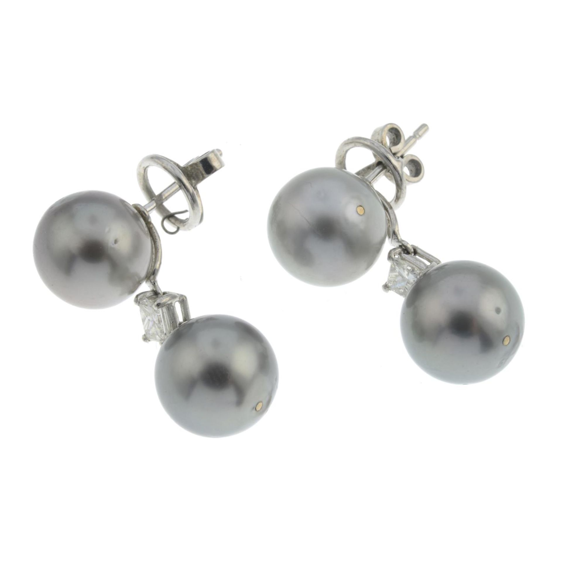A pair of cultured pearl and square-cut diamond drop earrings.Approximate dimensions of one - Image 2 of 2