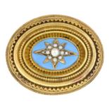 A late Victorian gold split pearl and enamel brooch.Length 3.6cms.