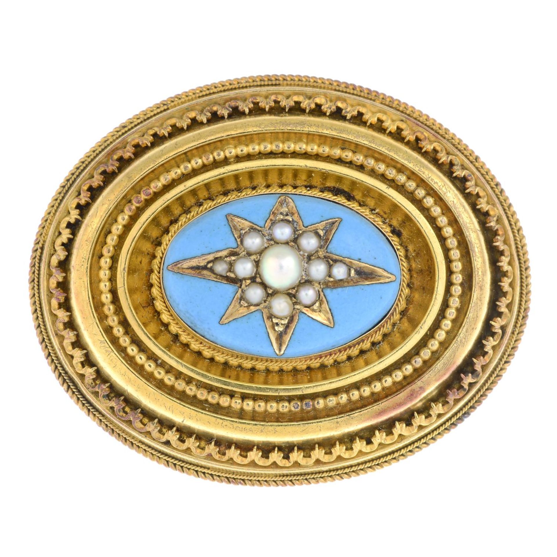 A late Victorian gold split pearl and enamel brooch.Length 3.6cms.