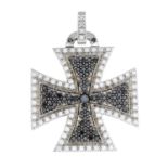 A brilliant-cut diamond and black gem cross pendant.Estimated total diamond weight 2.50cts,