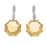 A pair of 18ct gold citrine and brilliant-cut diamond earrings.Total citrine weight 6.33cts,