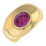 A 9ct gold ruby cabochon single-stone ring.Ruby calculated weight 2.22cts,