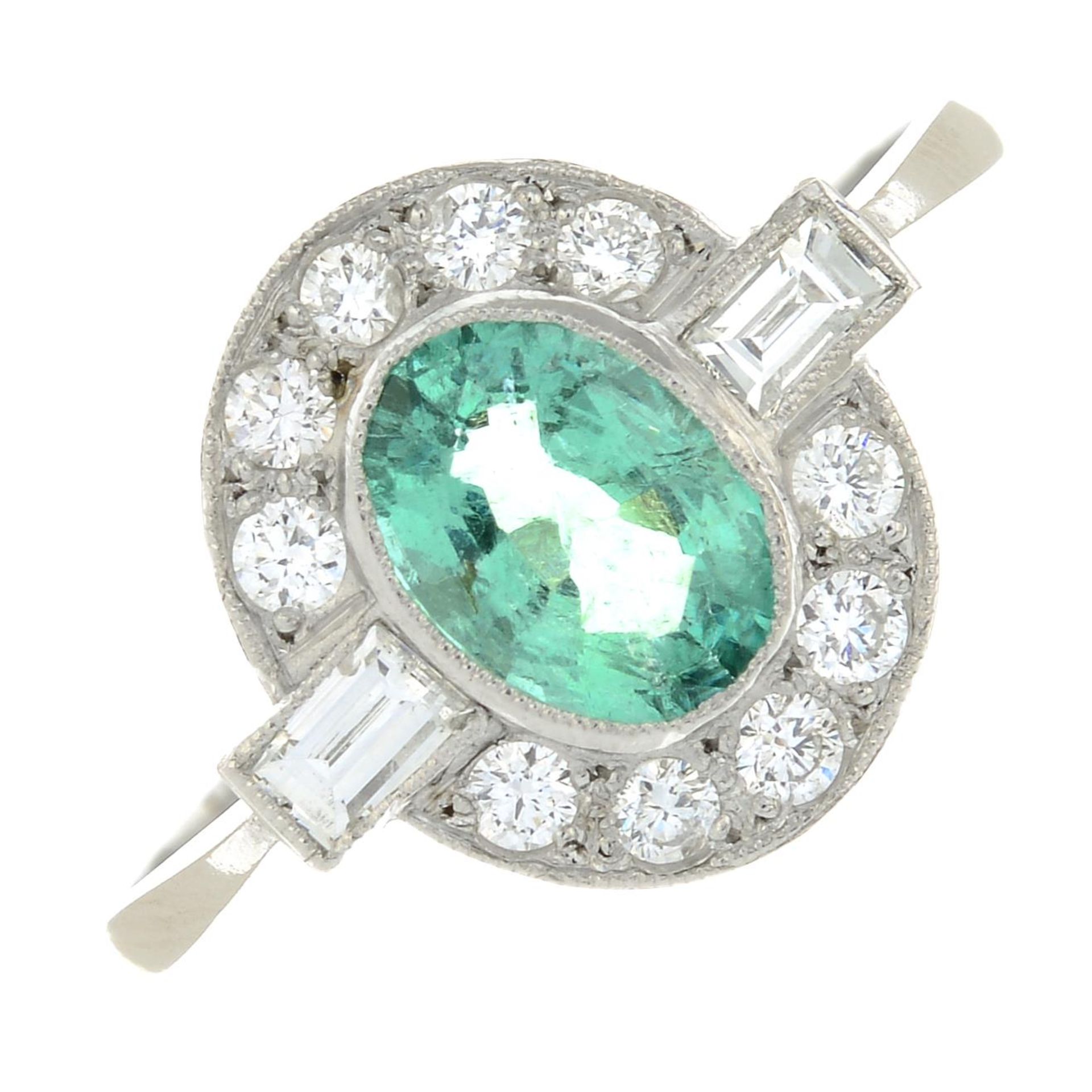 An emerald and vari-cut diamond dress ring.Emerald weight 0.90ct.