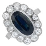 A sapphire and old-cut diamond cluster ring.Sapphire calculated weight 3.65cts,