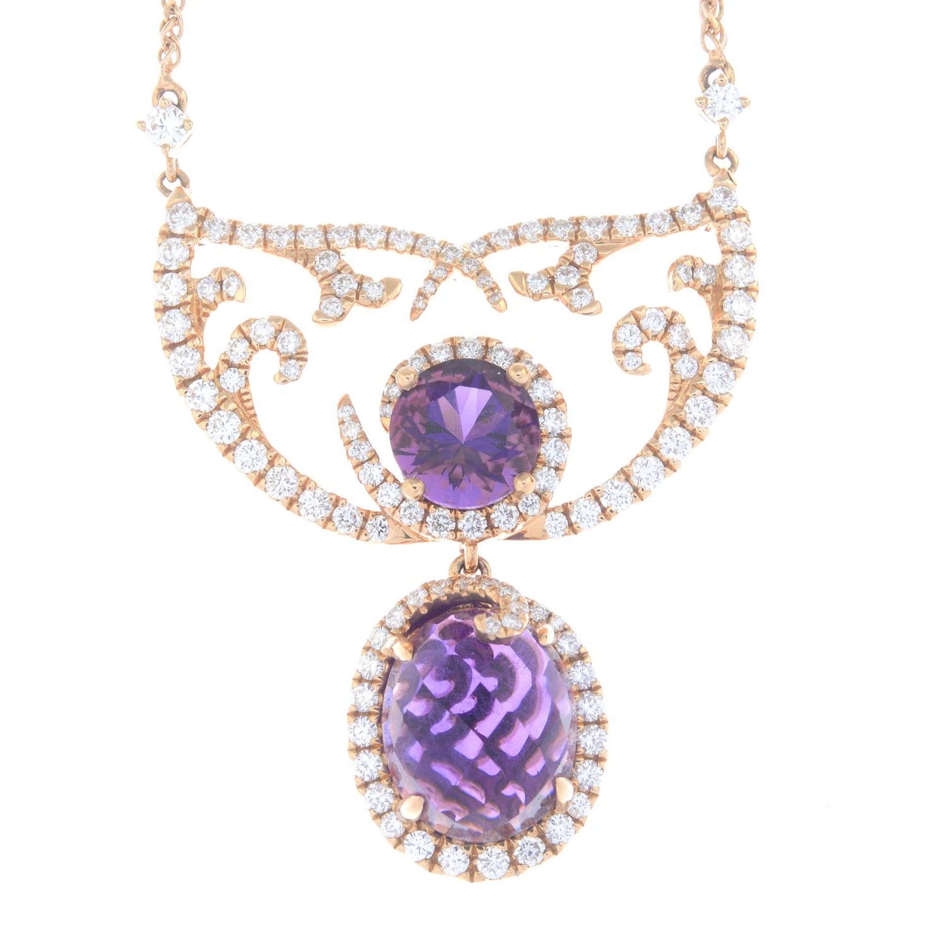 An 18ct gold amethyst and brilliant-cut diamond pendant,