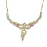 A brilliant-cut diamond and gem-set necklace.Gems to include emerald and synthetic ruby.