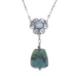 An Arts and Crafts silver, blister pearl floral necklace, with turquoise drop.Length 35cms.