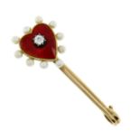 An early 20th century old-cut diamond, seed pearl and red enamel heart brooch.Length 3.8cms.