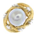 A cultured pearl and brilliant-cut diamond dress ring.Approximate cultured pearl dimensions 10.3 by