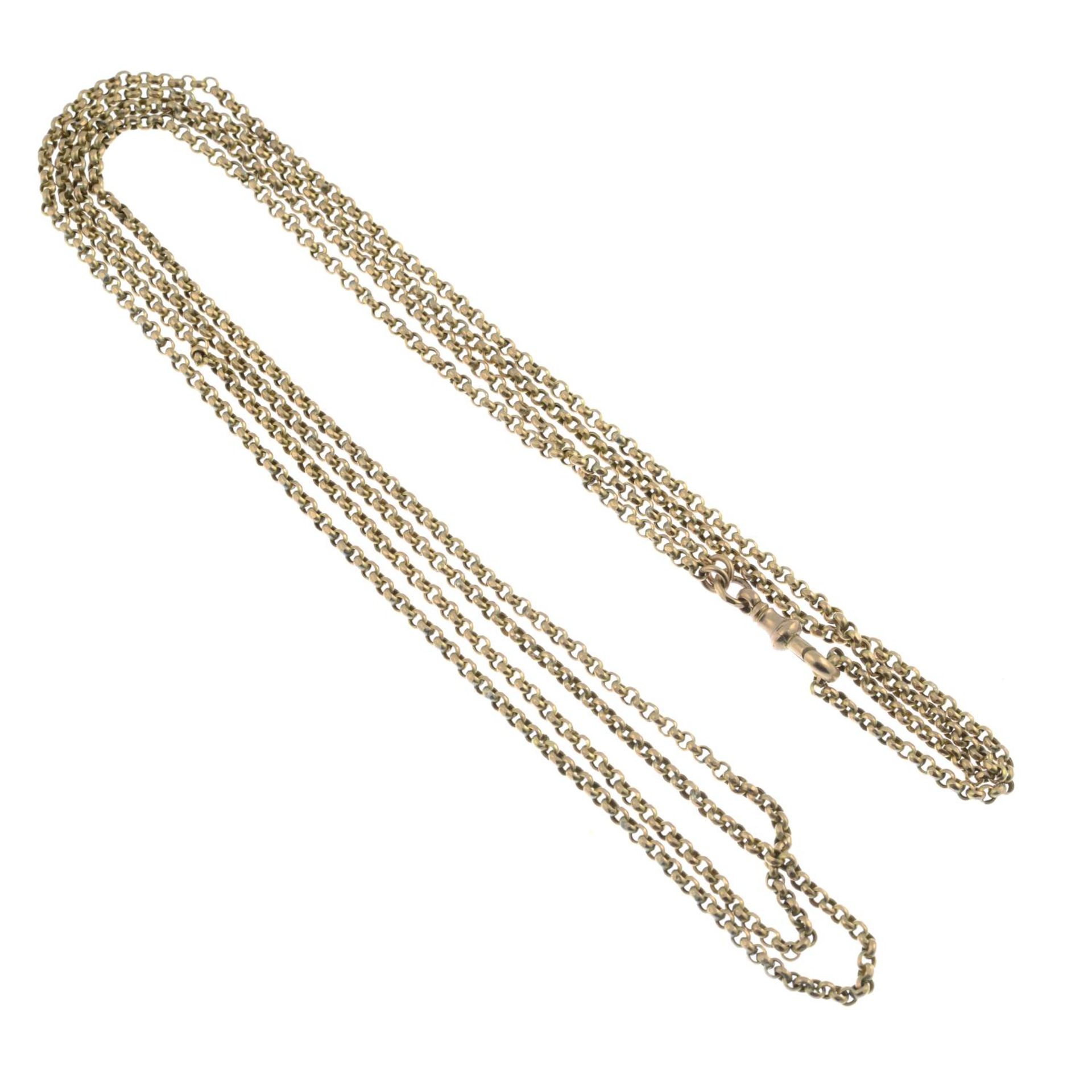 An early 20th century 9ct gold longuard chain, with lobster clasp.Stamped 9ct. - Image 2 of 2