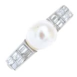 A pearl and baguette-cut diamond dress ring.Pearl measuring approximately 7.5mms.Estimated total