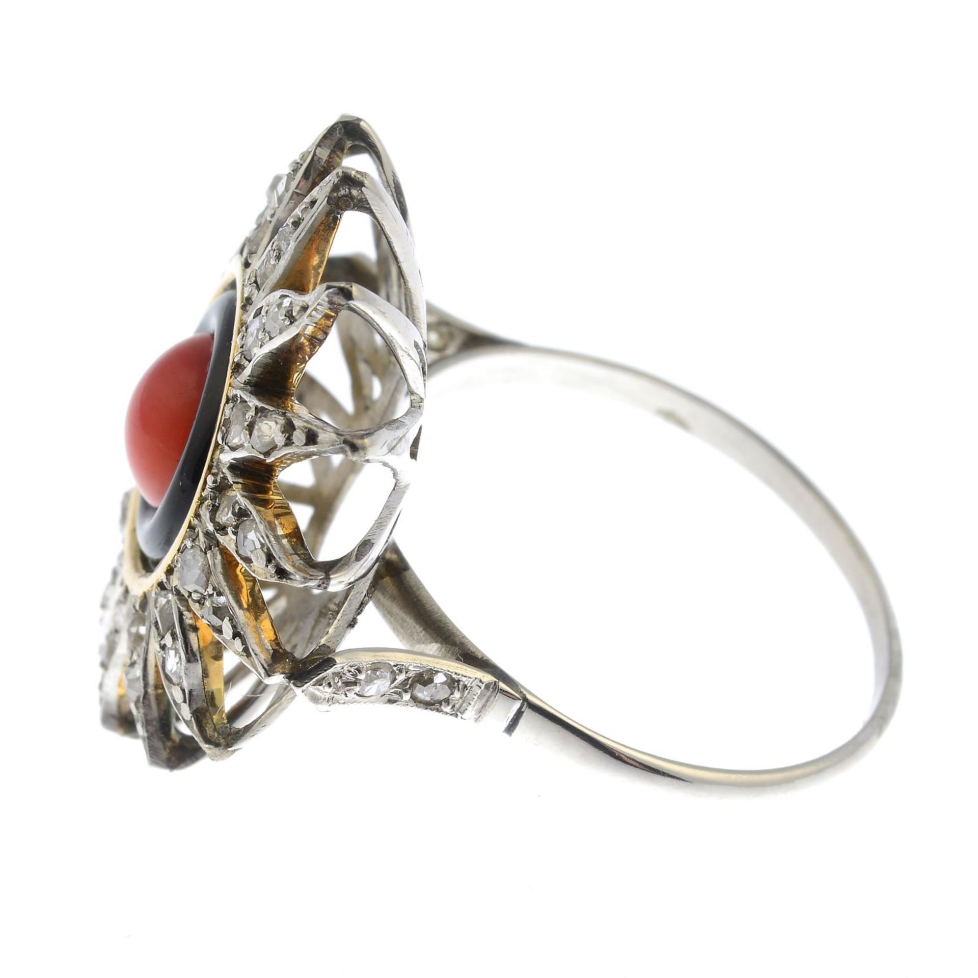 A mid 20th century coral, onyx and diamond star cluster ring.Ring size P. - Image 4 of 5