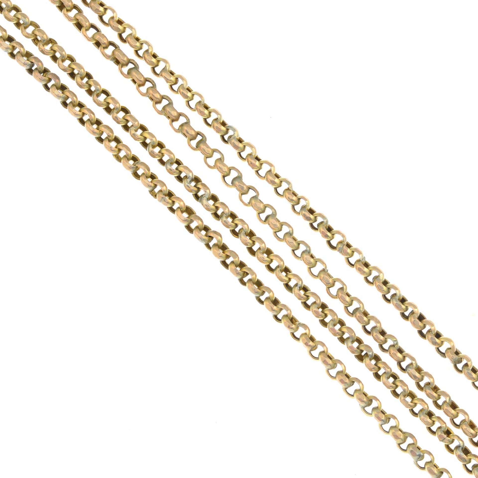 An early 20th century 9ct gold longuard chain, with lobster clasp.Stamped 9ct.