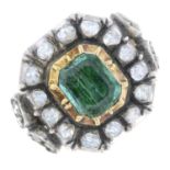 A foil-backed emerald and rose-cut diamond cluster ring,