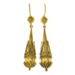 A pair of late Victorian gold cannetille drop earrings.Length 4.9cms.