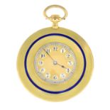 An early 20th century 18ct gold enamel pocket watch.Import marks for London.Length 5.8cms.