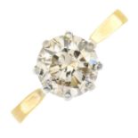 An 18ct gold brilliant-cut 'brown' diamond single-stone ring.Diamond estimated weight 1.35cts,