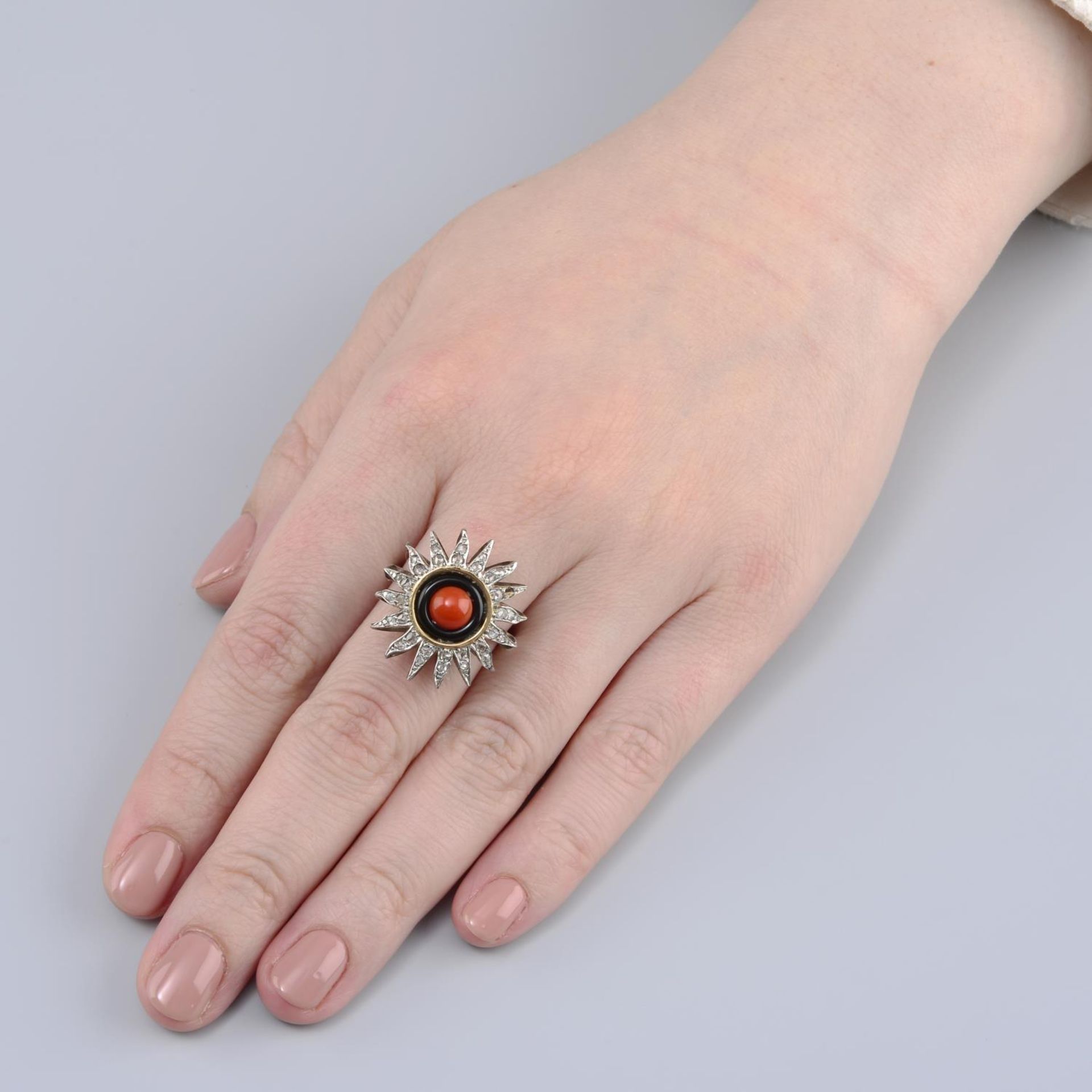 A mid 20th century coral, onyx and diamond star cluster ring.Ring size P. - Image 3 of 5