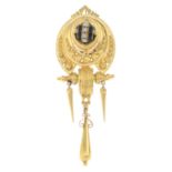 A late 19th century 18ct gold enamel and split pearl brooch.Stamped 18K.