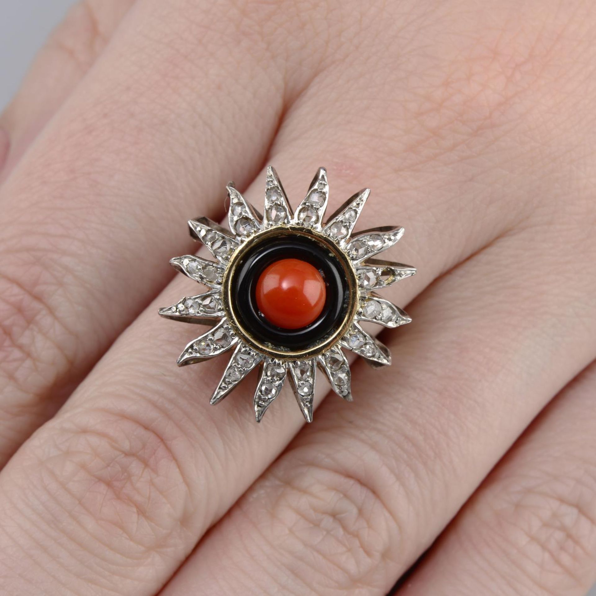 A mid 20th century coral, onyx and diamond star cluster ring.Ring size P. - Image 5 of 5
