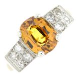 A brownish-orange sapphire and old-cut diamond dress ring.Sapphire calculated weight 3.157cts,