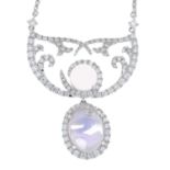 An 18ct gold rose quartz cabochon and brilliant-cut diamond pendant,