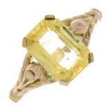 A yellow sapphire single-stone ring.Sapphire weight 3.60cts.Ring size M.