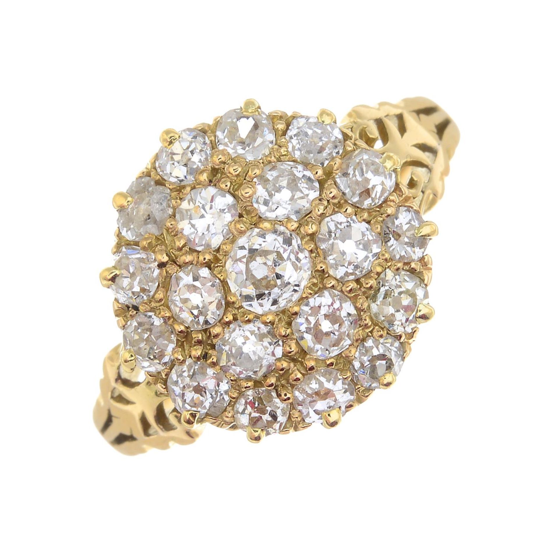 A late Victorian 18ct gold old-cut diamond cluster ring.Estimated total diamond weight 1ct,