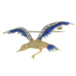 A single-cut diamond and enamel bird brooch.Stamped 9k.Length 1.9cms.