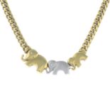 A bi-colour elephant necklace, brilliant-cut diamond eye detail.