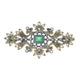 A green paste and rose-cut diamond brooch.Length 6cms.