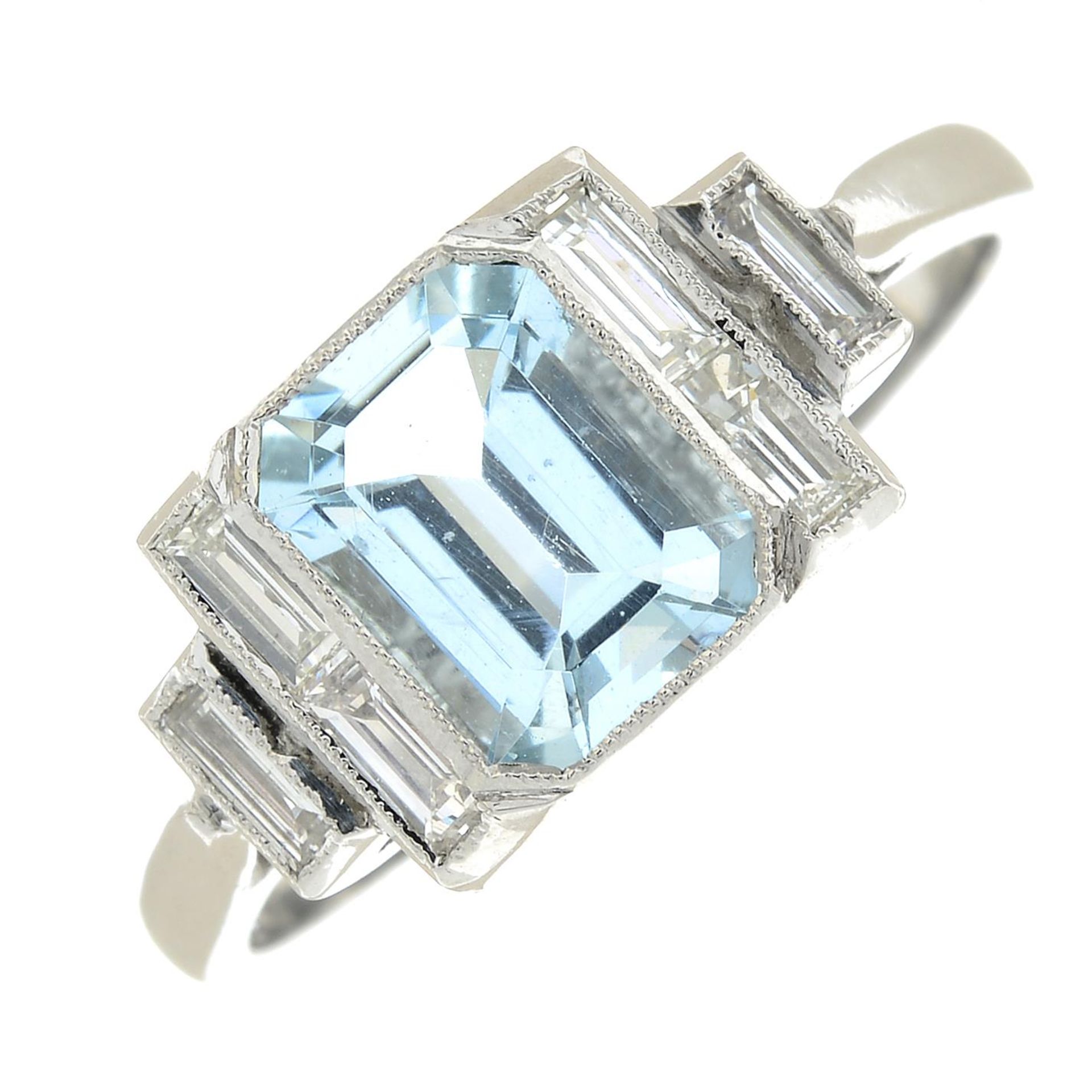 An aquamarine and diamond ring.Aquamarine weight 1.25cts.