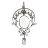 A moonstone and rose-cut diamond pendant.Moonstone weight 2.21cts.Length 3.7cms.