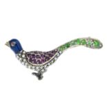 An enamel and gem-set pheasant brooch.Gems to include split pearl,