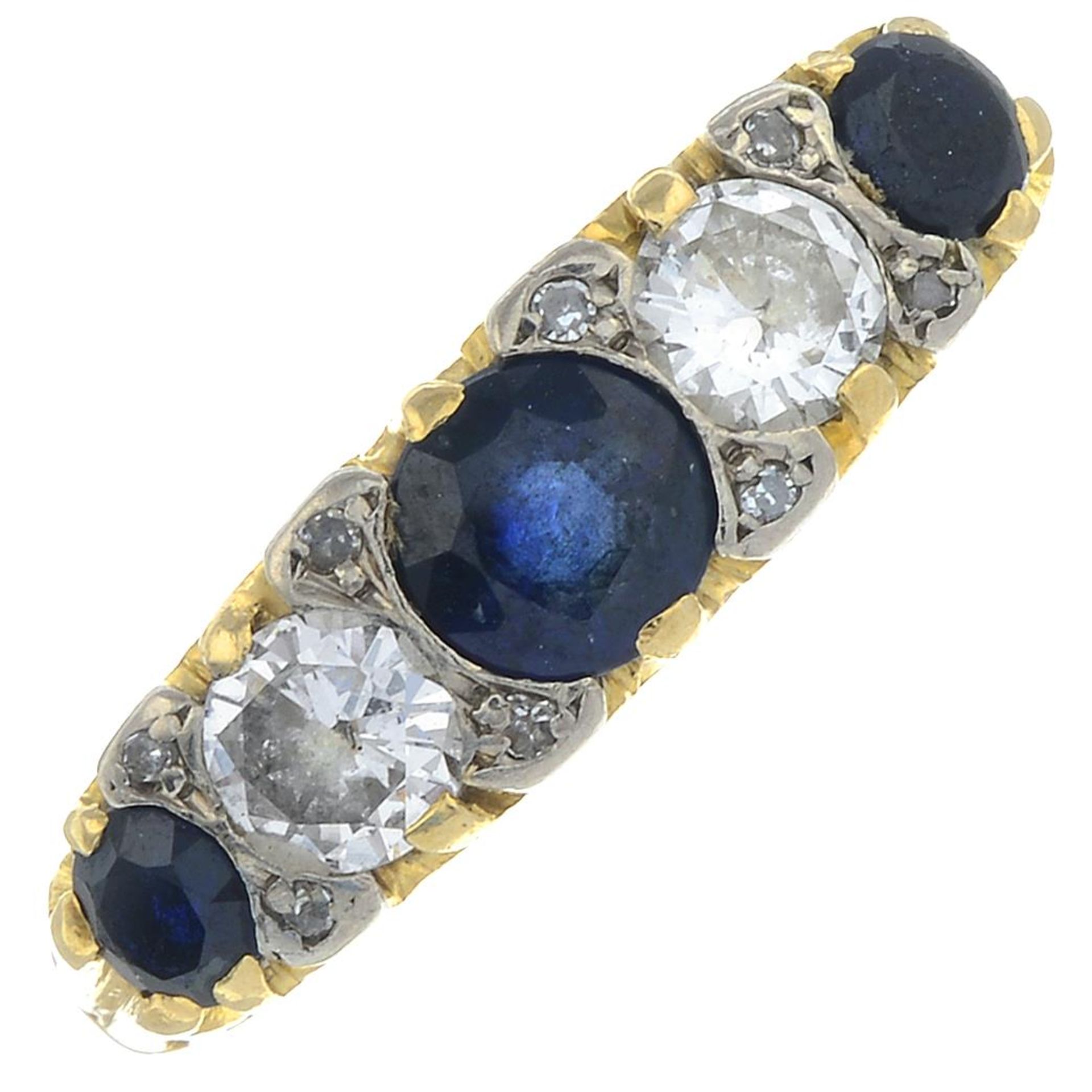 A sapphire and brilliant-cut diamond five-stone ring, with double single-cut diamond spacers.