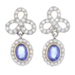 A pair of sapphire and brilliant-cut diamond cluster drop earrings.