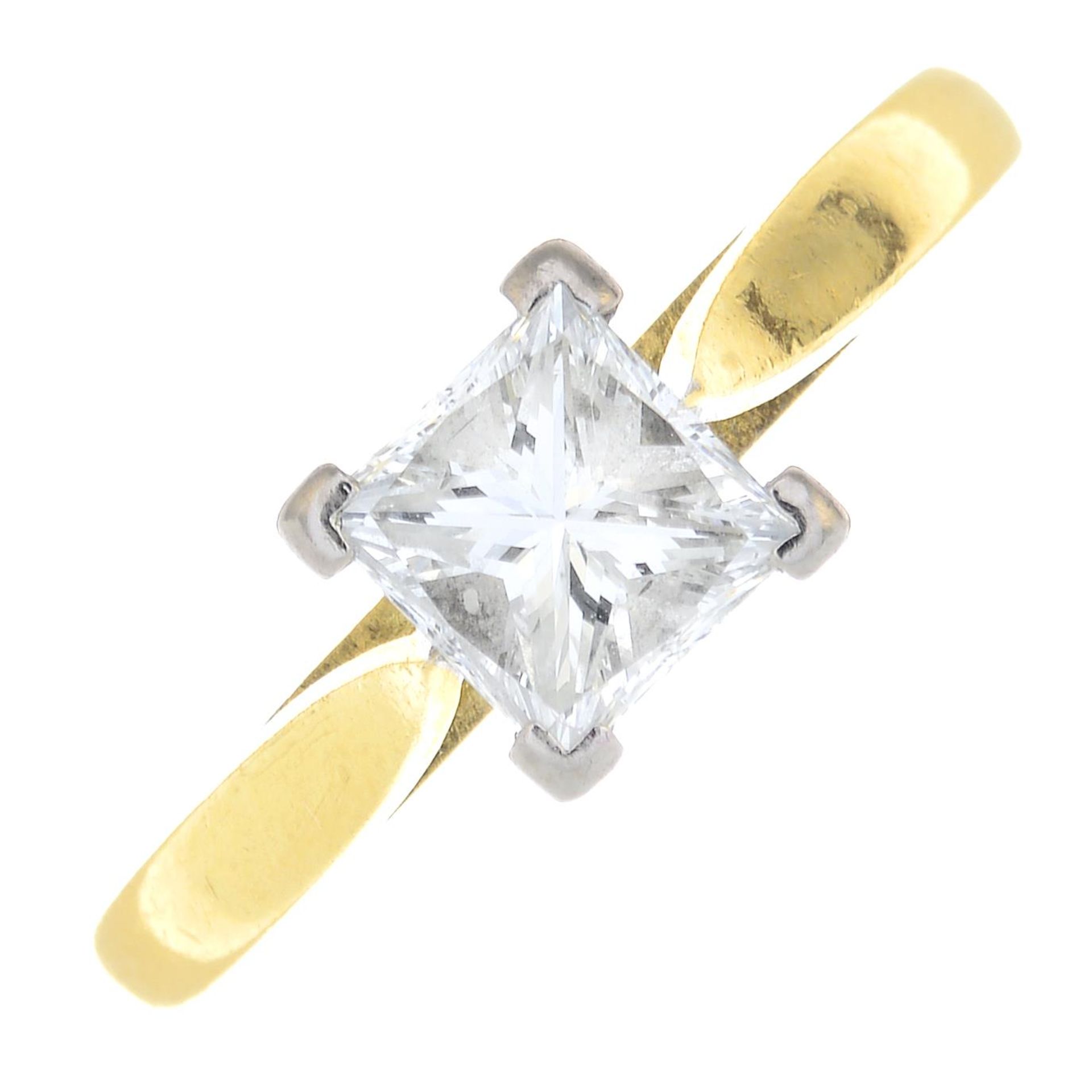 An 18ct gold square-shape diamond single-stone ring.With mini report 1/22425-016,