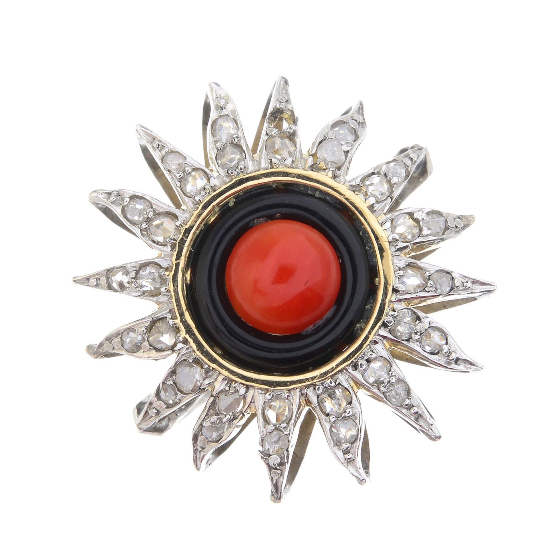 A mid 20th century coral, onyx and diamond star cluster ring.Ring size P.