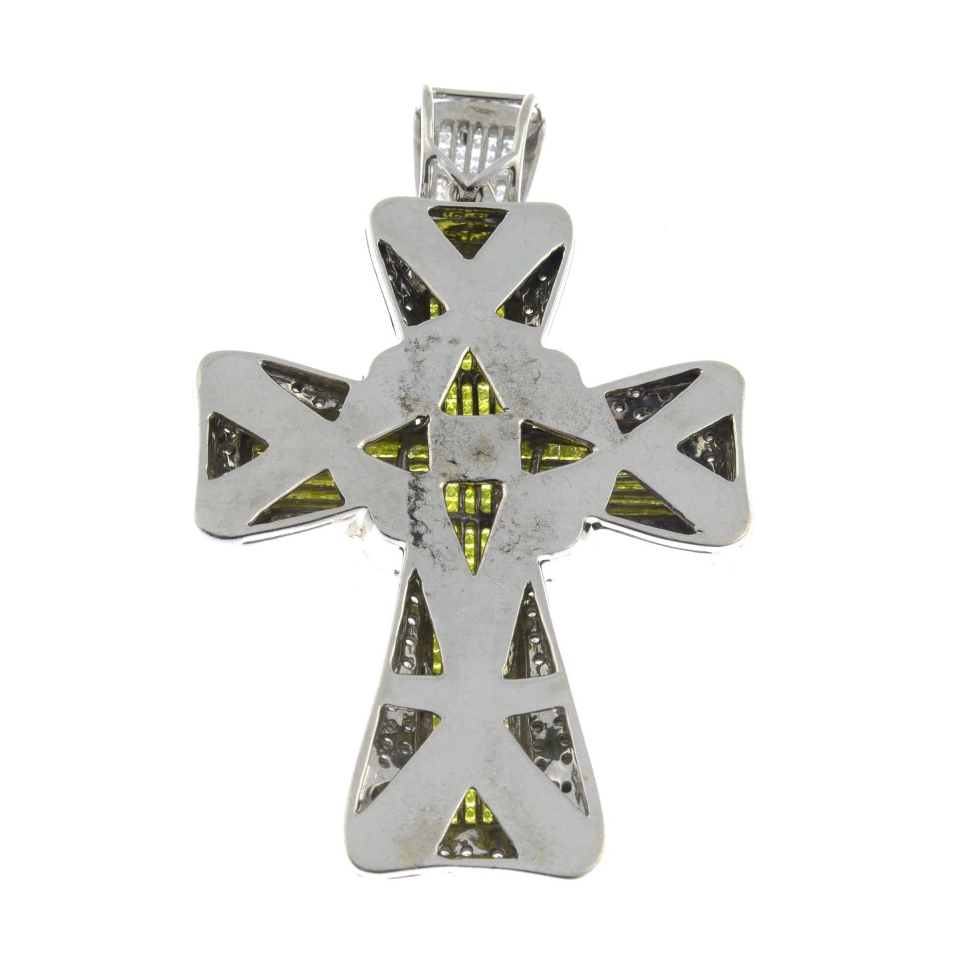 A vari-cut diamond and colour-treated yellow diamond cross pendant.One diamond deficient.Estimated - Image 2 of 2