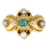 A late 19th century emerald and split pearl brooch.Emerald calculated weight 0.75ct,