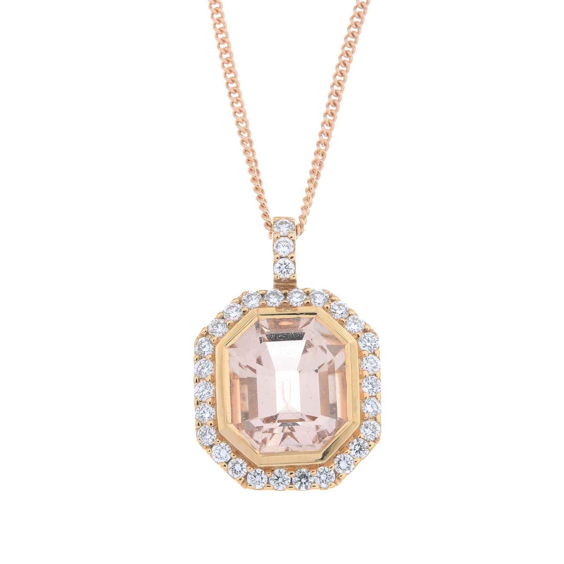 An 18ct gold morganite and brilliant-cut diamond pendant.Morganite weight 2.38cts.Total diamond